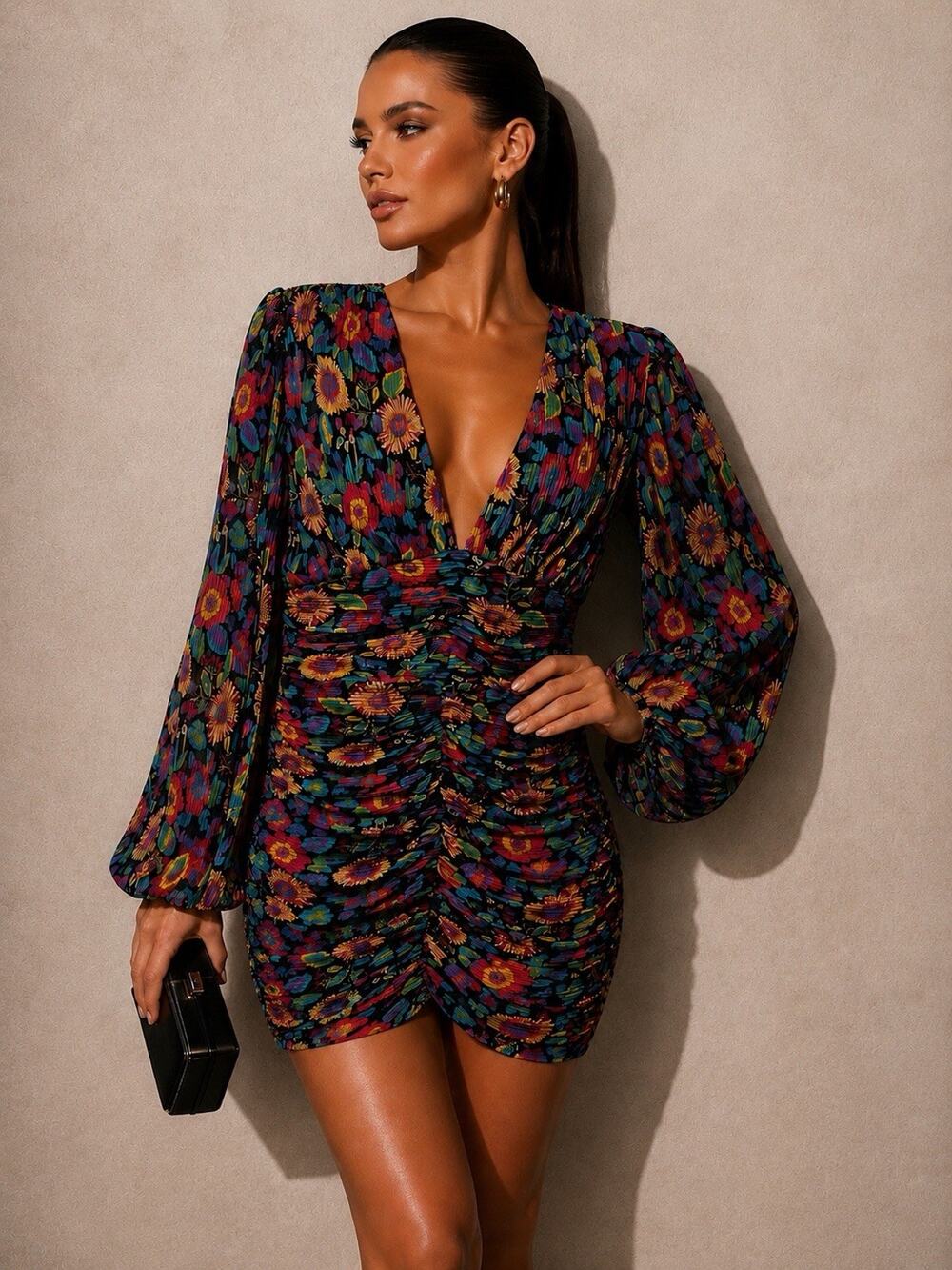 VICI Floral Ruched Mini Dress Puff Sleeve Plisse Bodycon Cocktail Party Y2K M